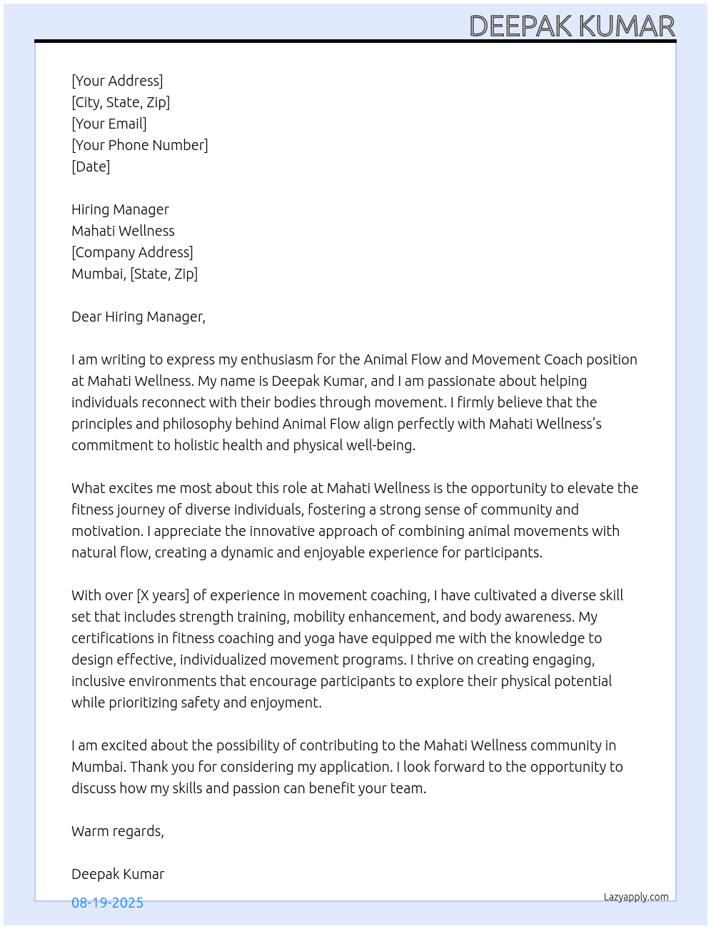 Animal flow and movement coach At Mahati wellness Cover Letter
