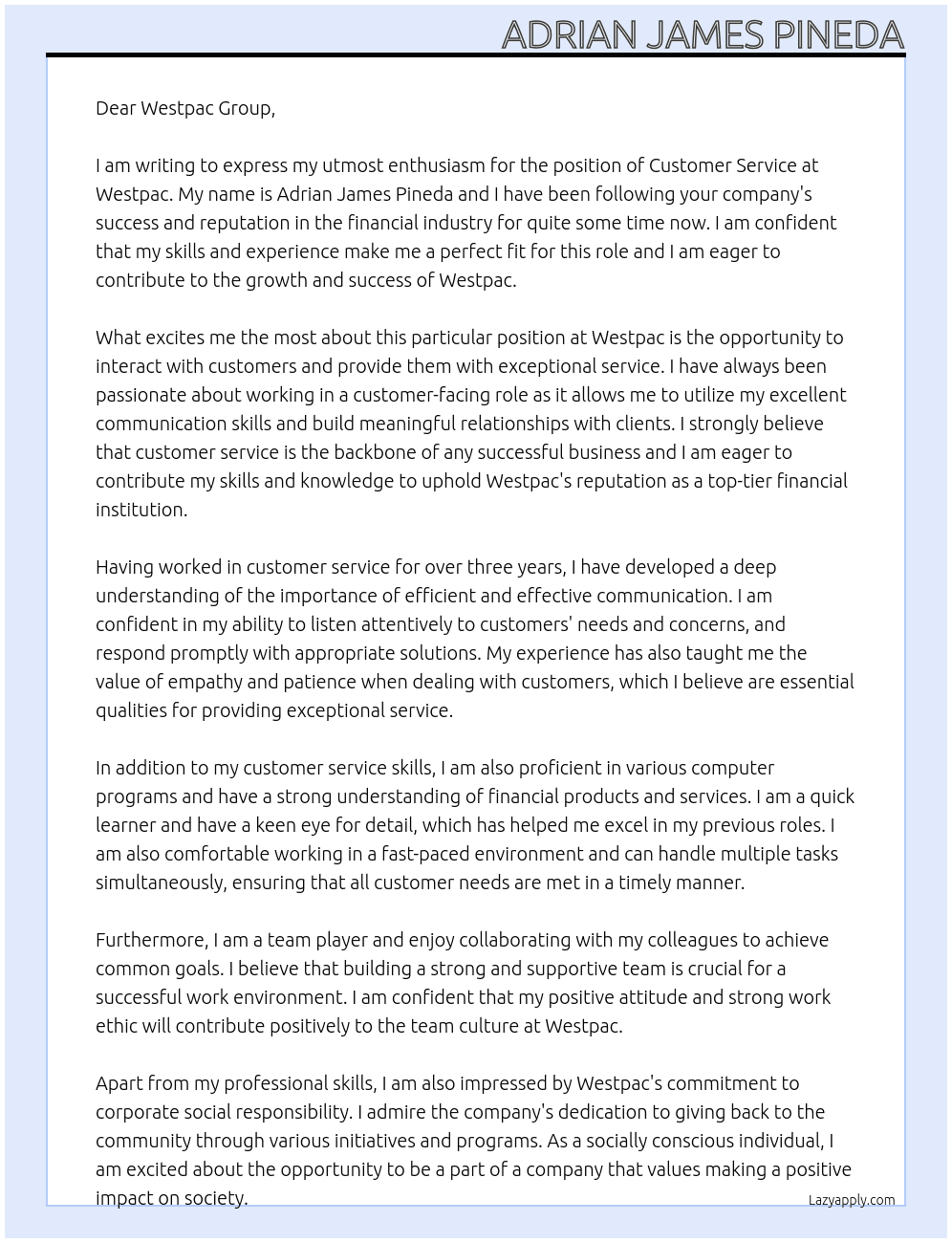 Customer Service At Westpac Cover Letter