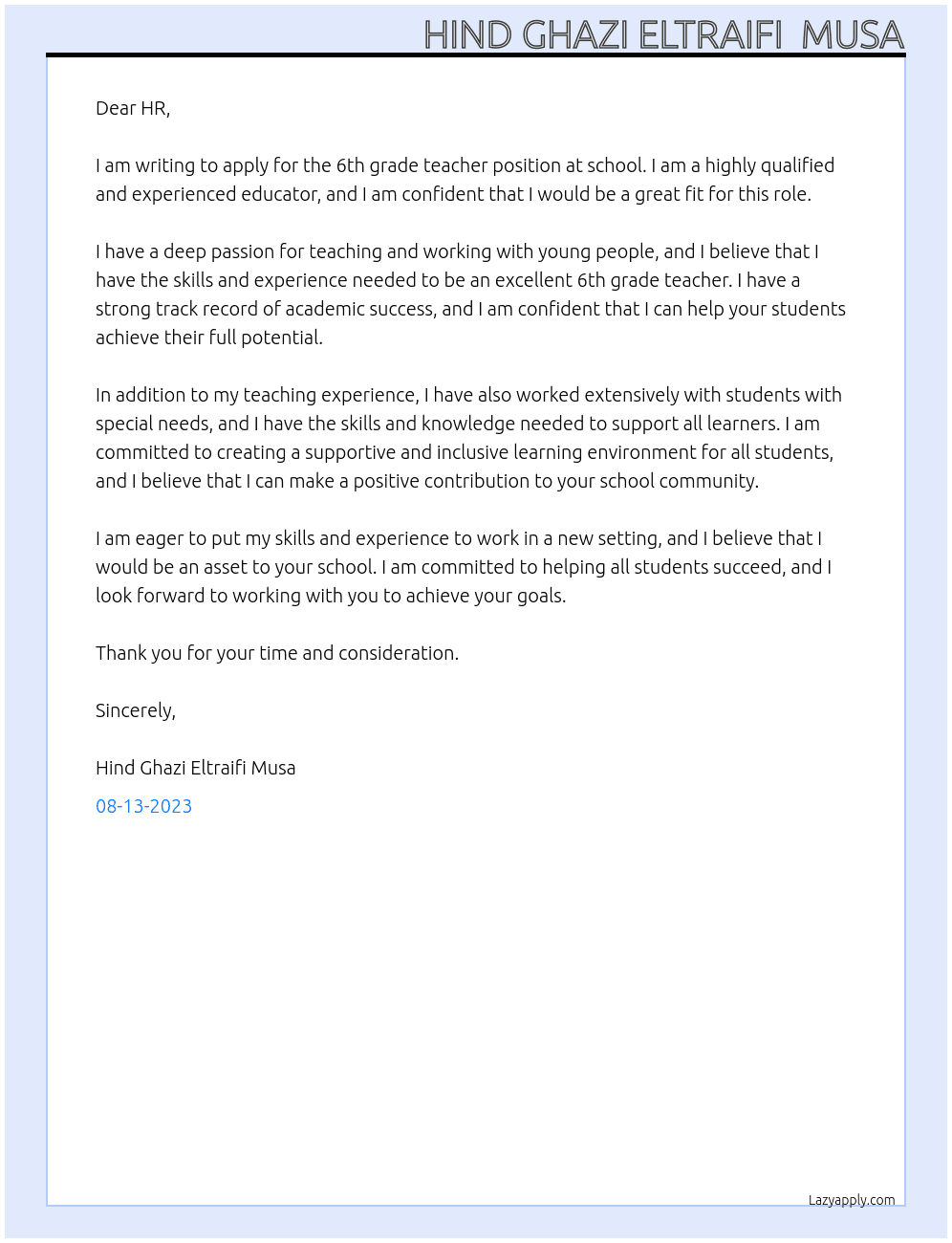 6th grade teacher At school Cover Letter
