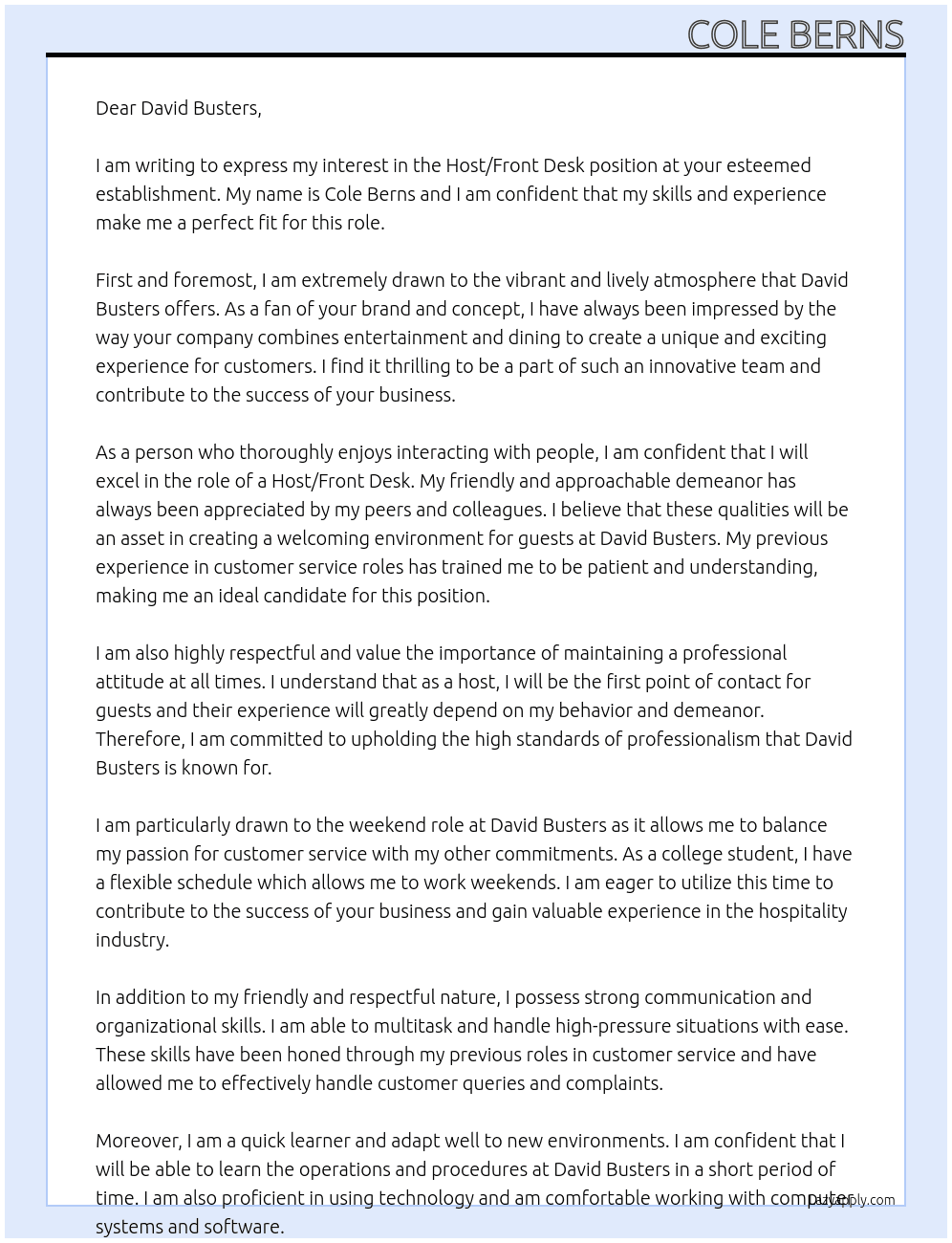 Host/ front desk At David busters Cover Letter