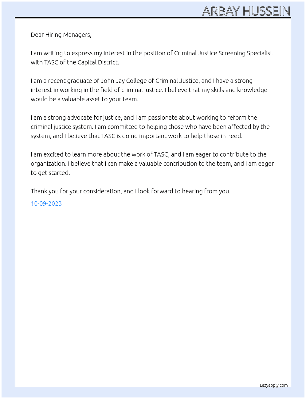 Criminal Justice Screening Specialist  At TASC of the Capital District  Cover Letter