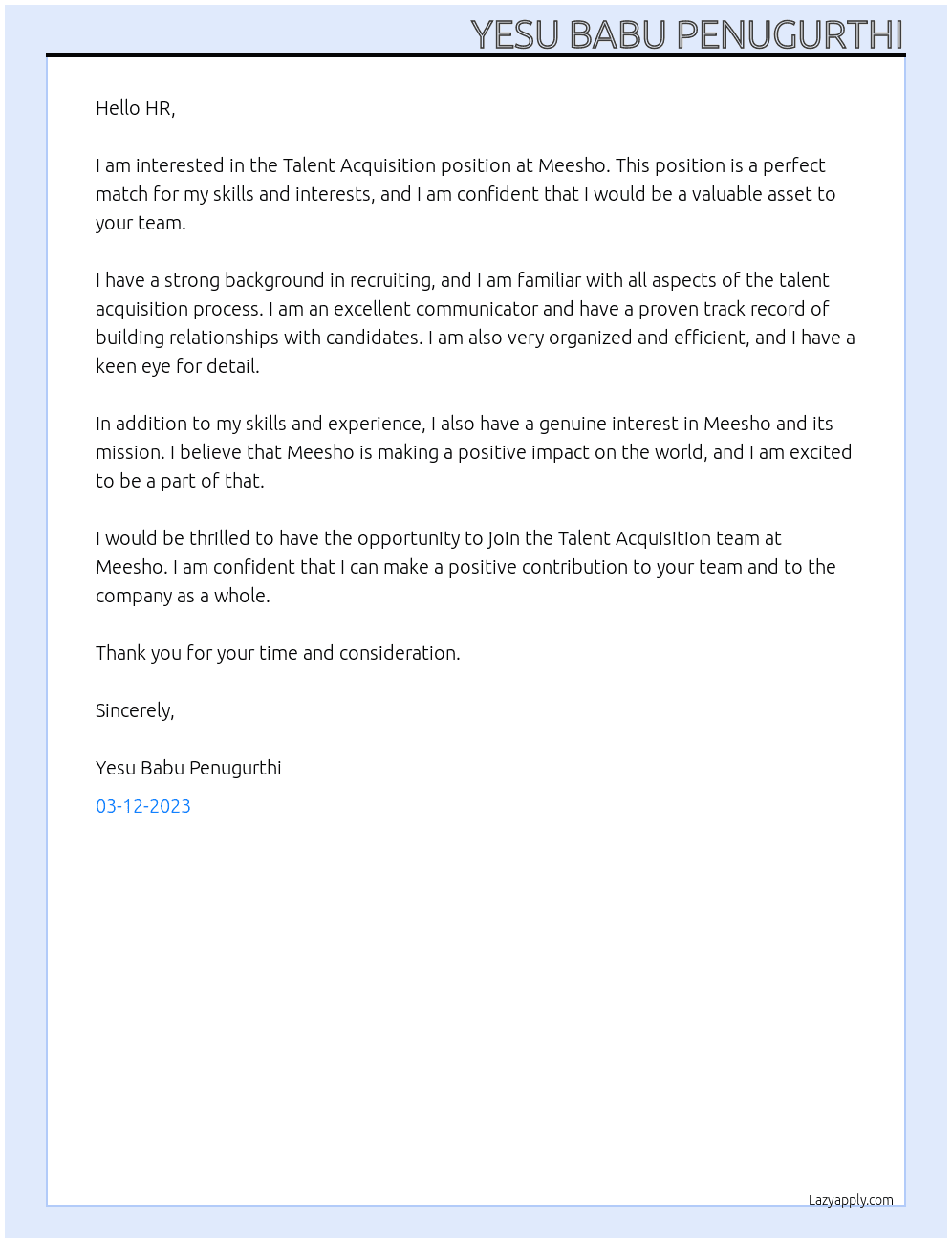 TALENT ACQUISITION At Meesho Cover Letter