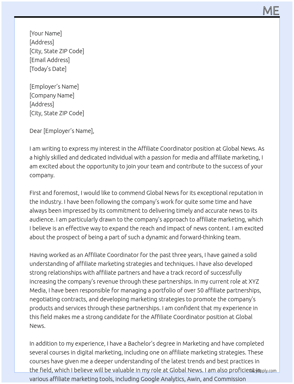 Affiliate Coordinator At Global News Cover Letter