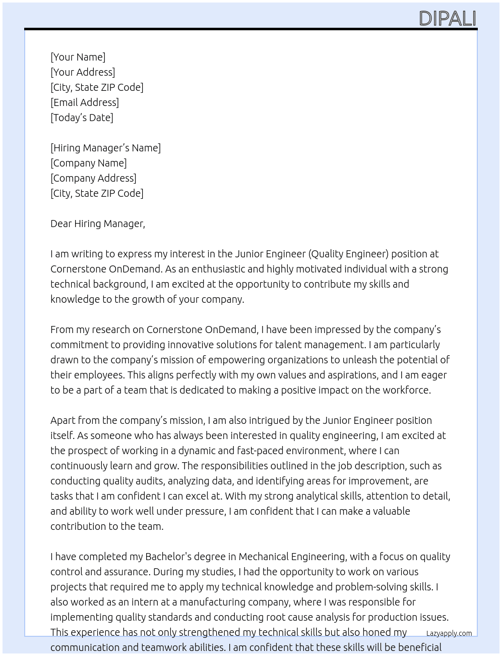 Junior Engineer(Quality Engineer) At Cornerstone OnDemand Cover Letter