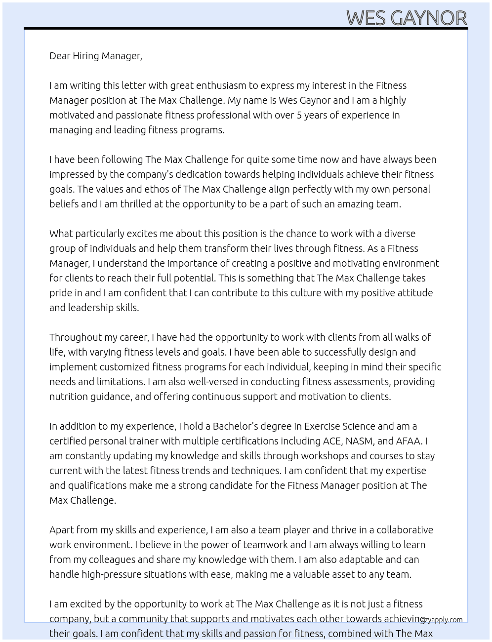 Fitness manager  At The Max Challenge  Cover Letter