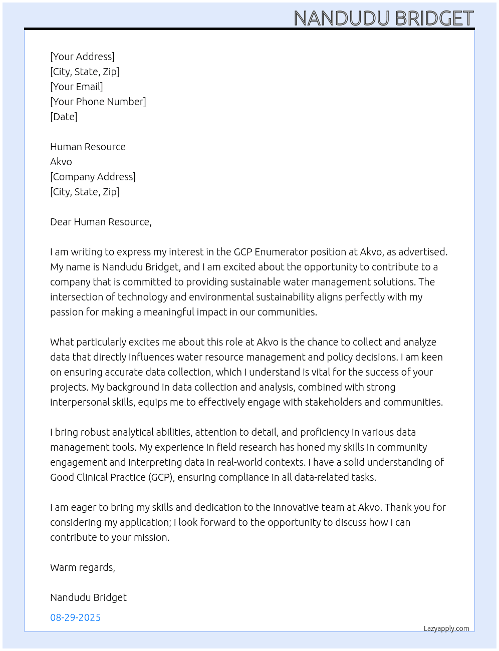GCP Enumerator  At Akvo Cover Letter