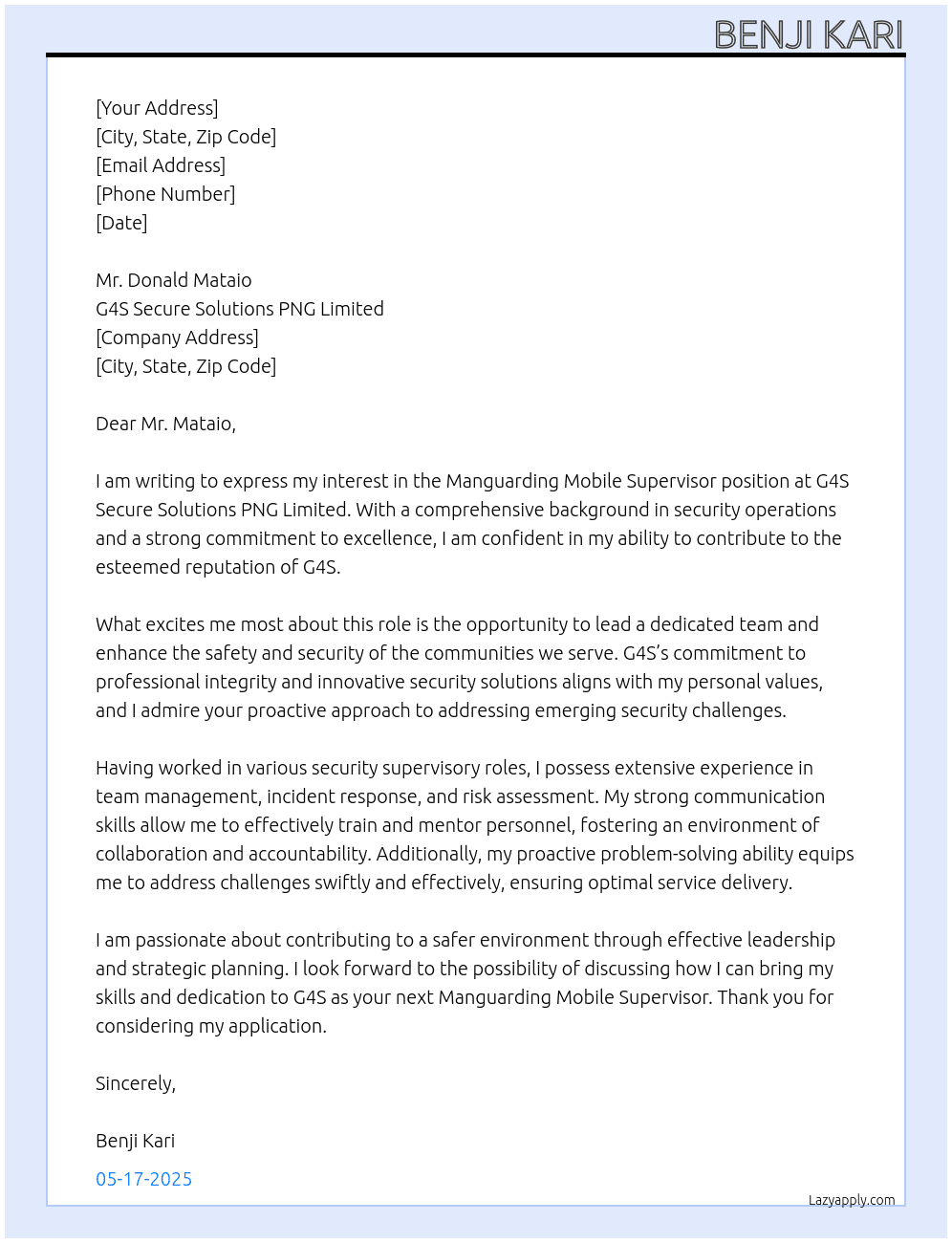 Cover letter for manguarding mobile supervisor - LazyApply