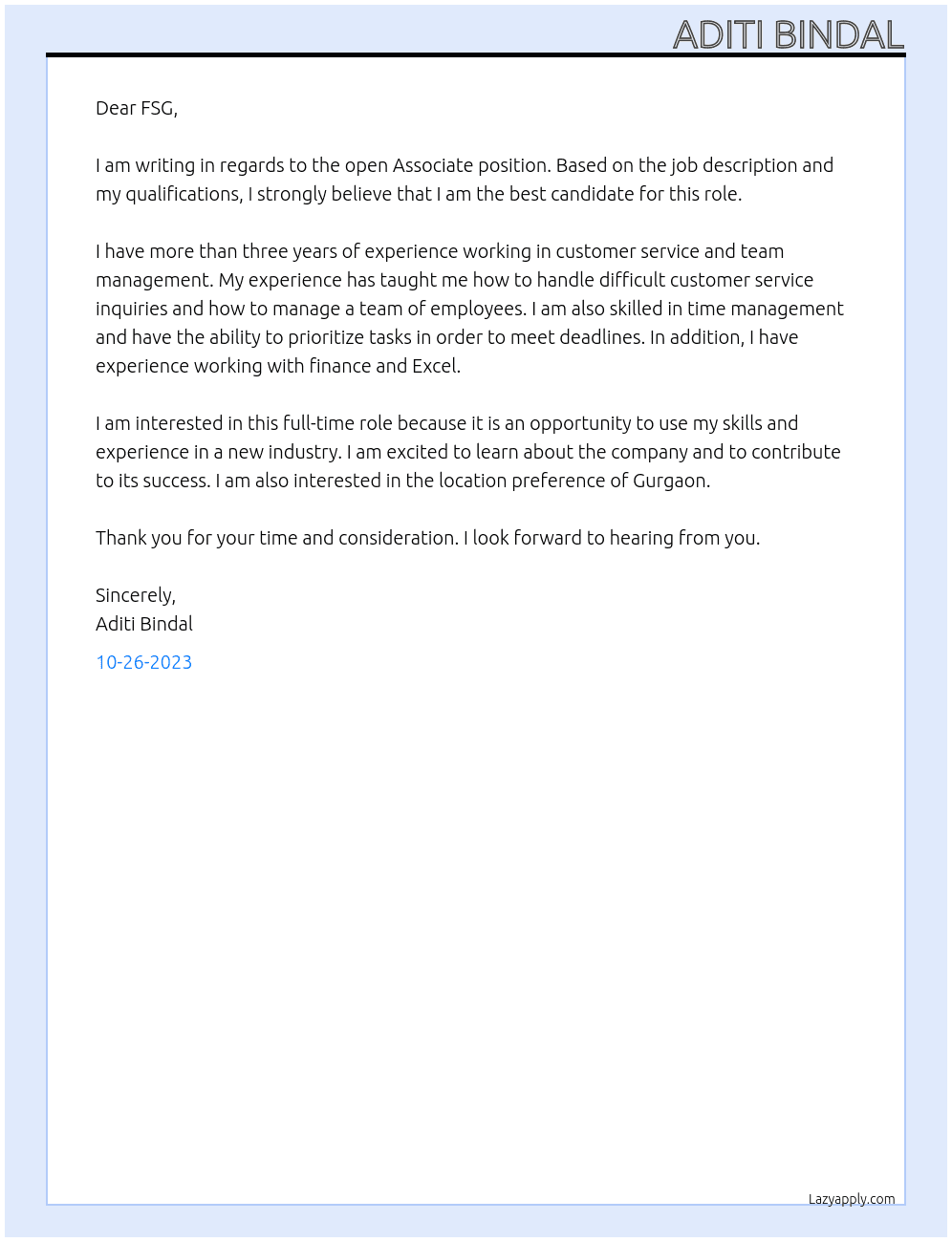 Associate  At FSG Cover Letter