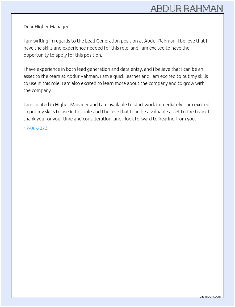Lead Generation  At Abdur Rahman  Cover Letter