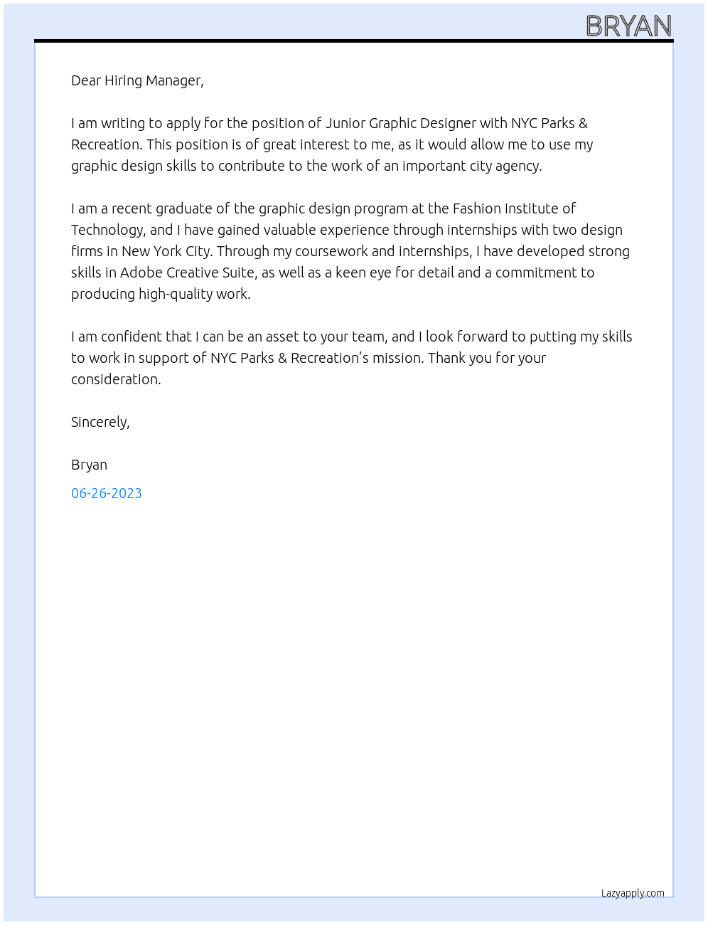 Junior Graphic Designer At NYC Parks & Recreation Cover Letter