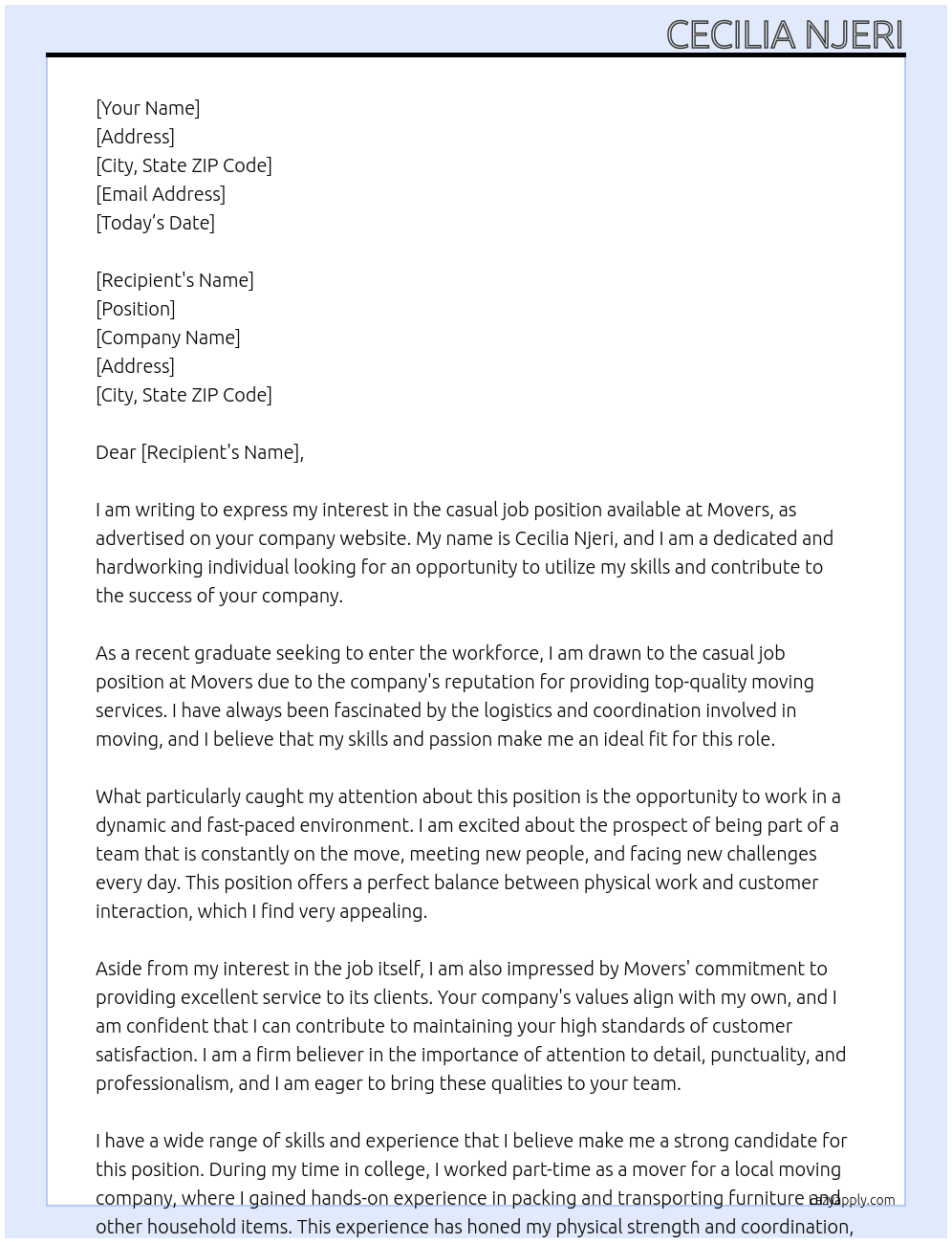 casual job At movers Cover Letter