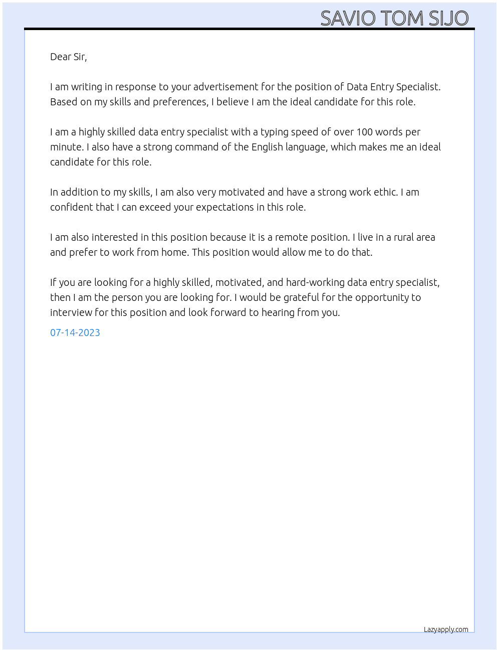 Data entry specialist  At Freeup Cover Letter