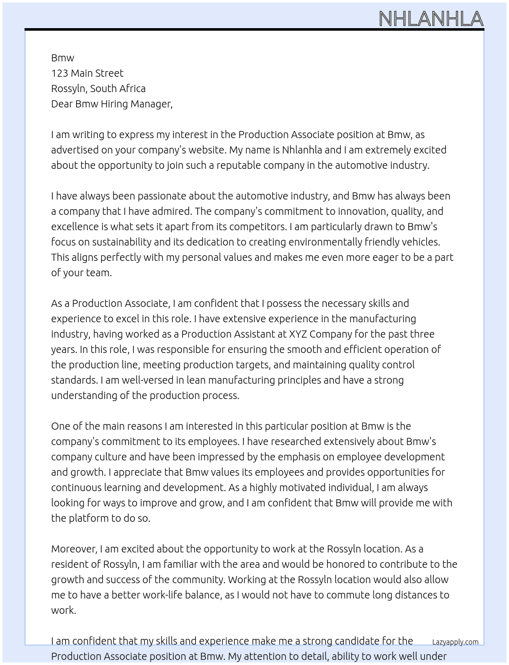 Production associate At Bmw  Cover Letter