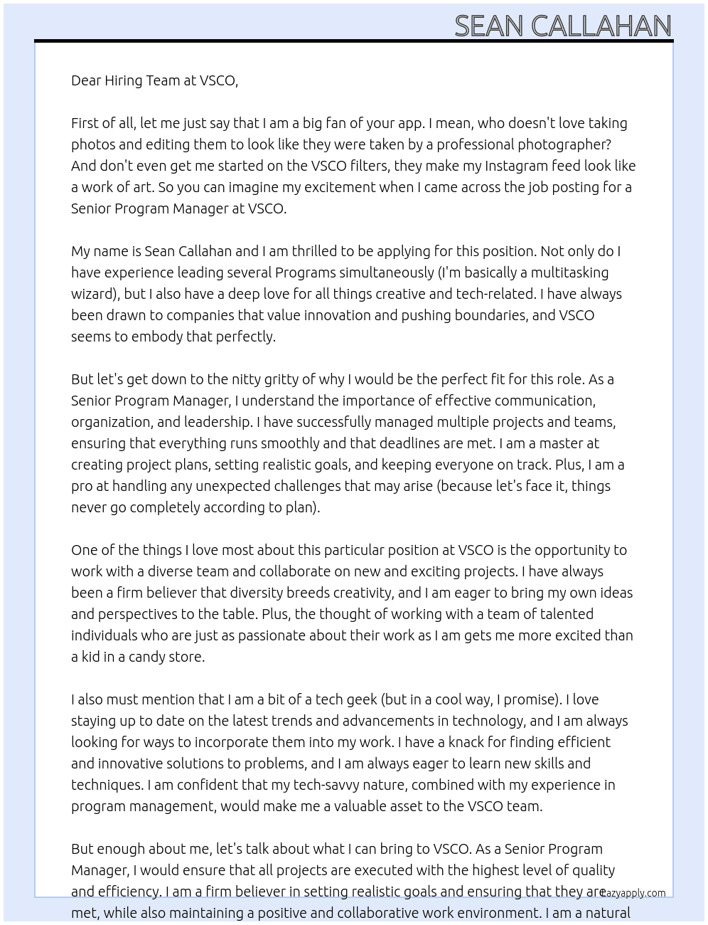 Senior Program Manager At VSCO Cover Letter