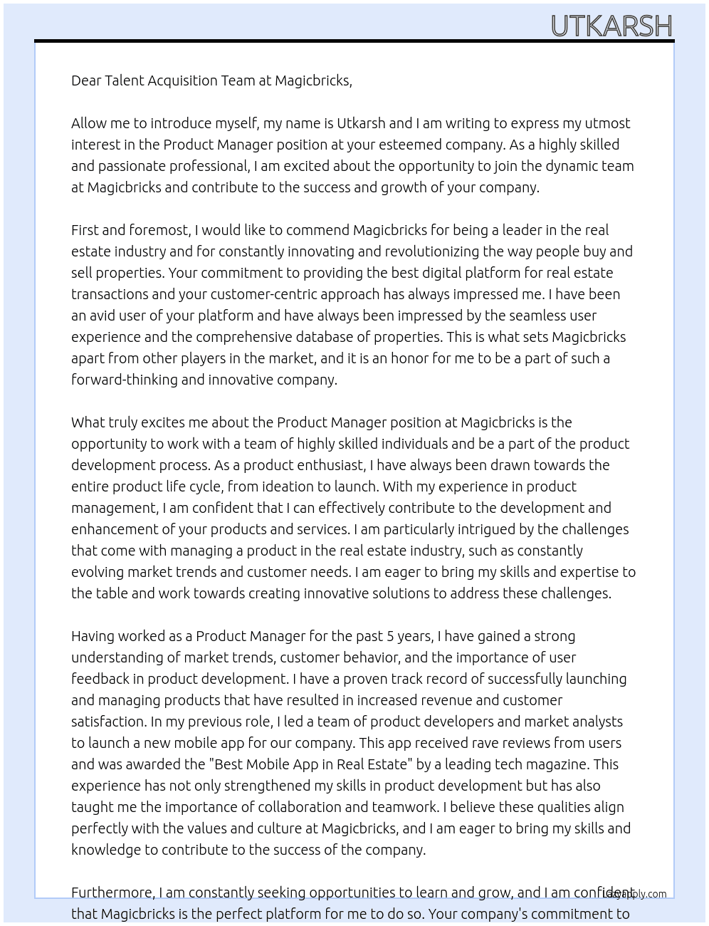 Product Manager At Magicbricks Cover Letter