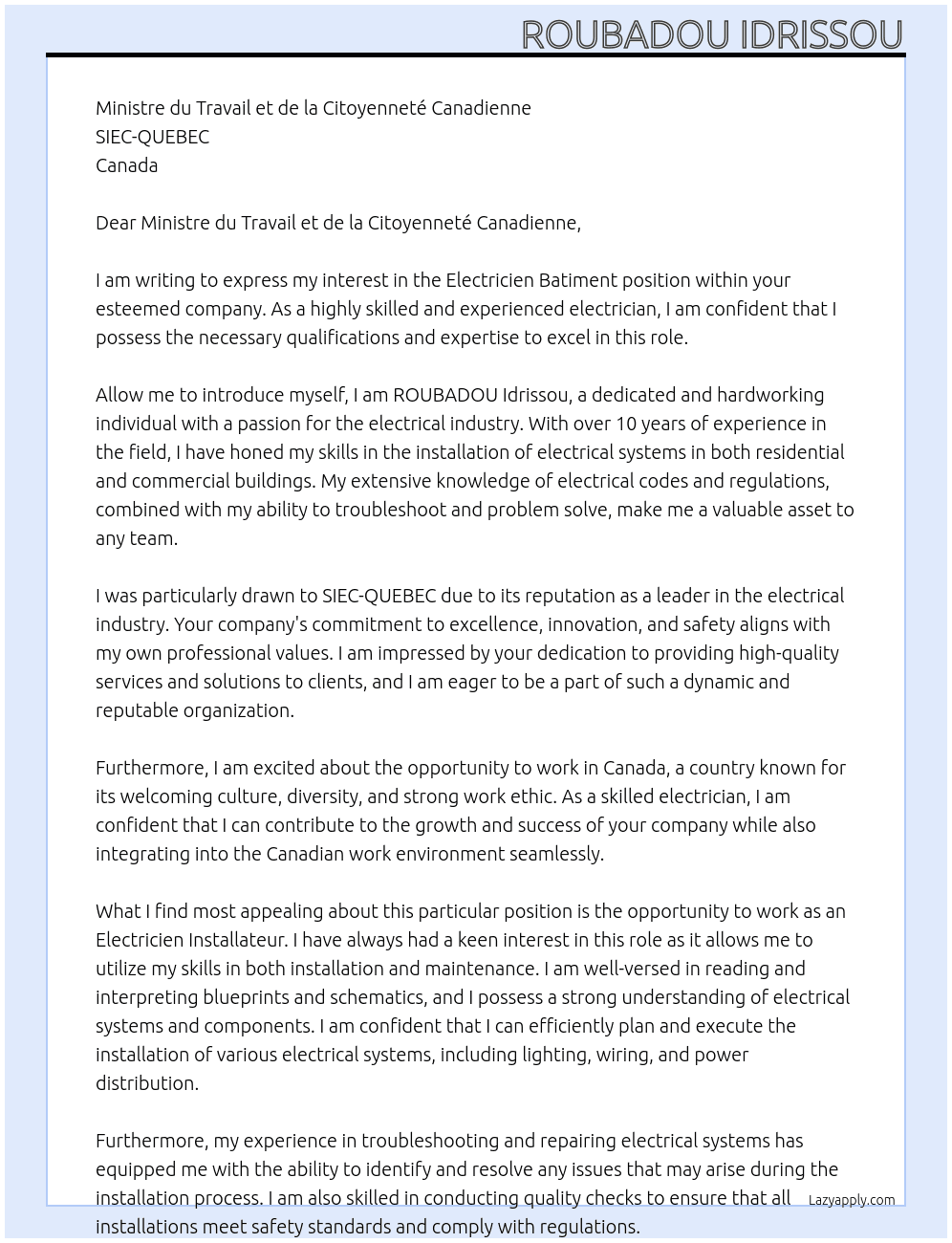 Electricien batiment At SIEC-QUEBEC Cover Letter