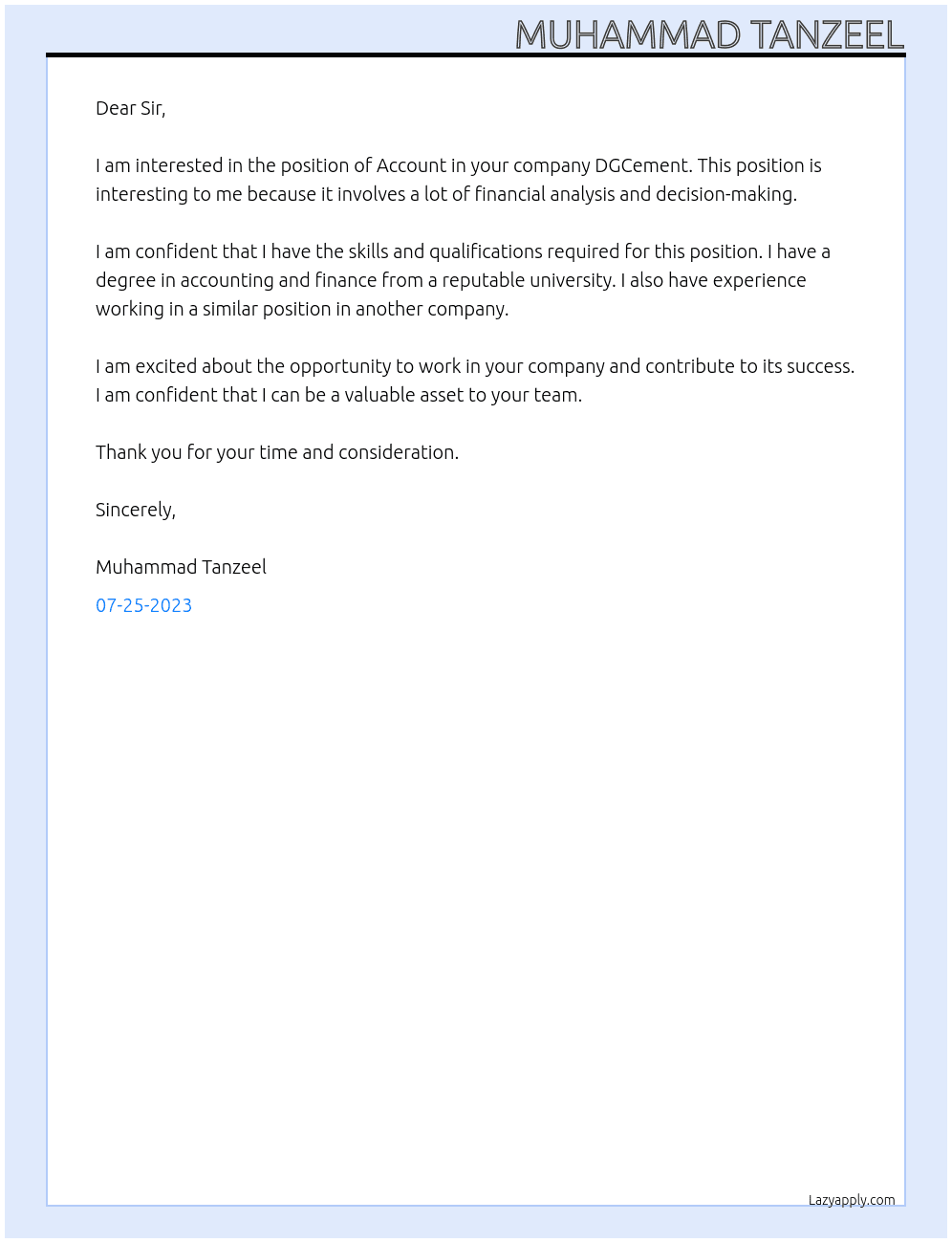 Account At DGCement Cover Letter