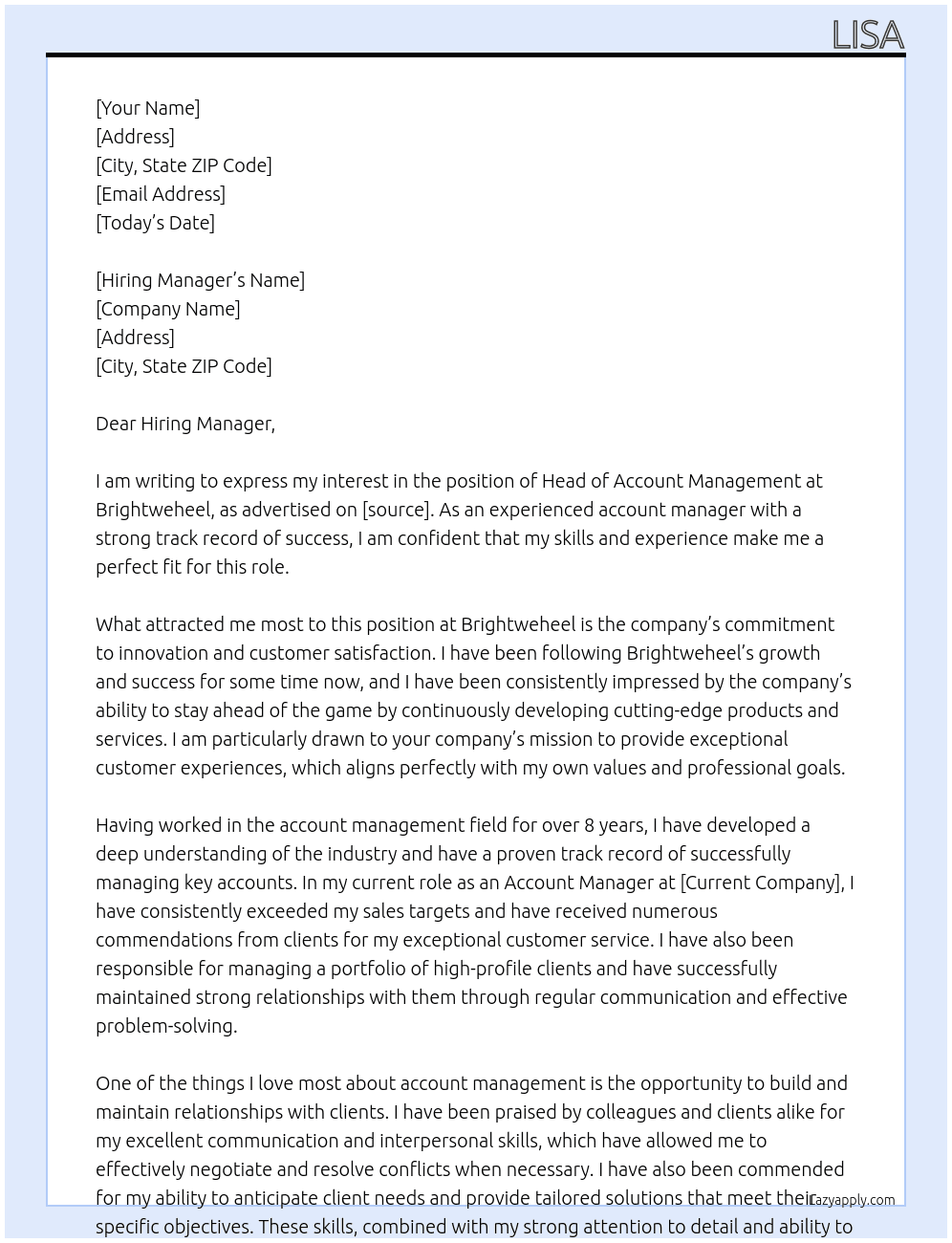 Head of Account Management At Brightweheel Cover Letter