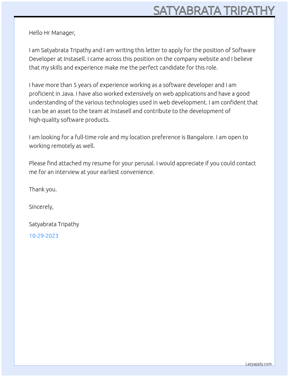 Software Developer At Instasell Cover Letter