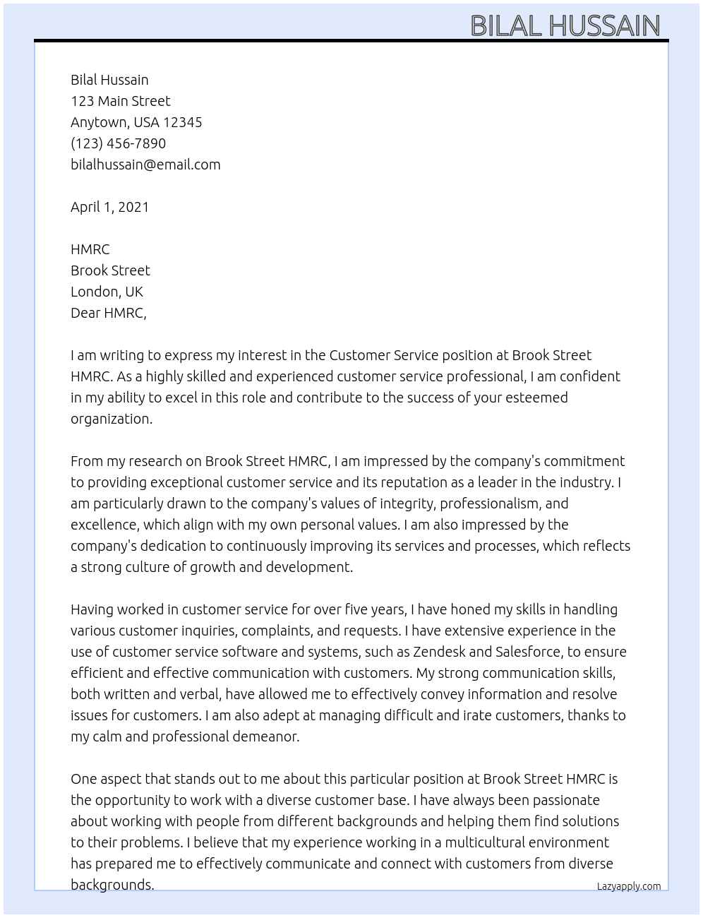 Customer service  At Brook street HMRC Cover Letter