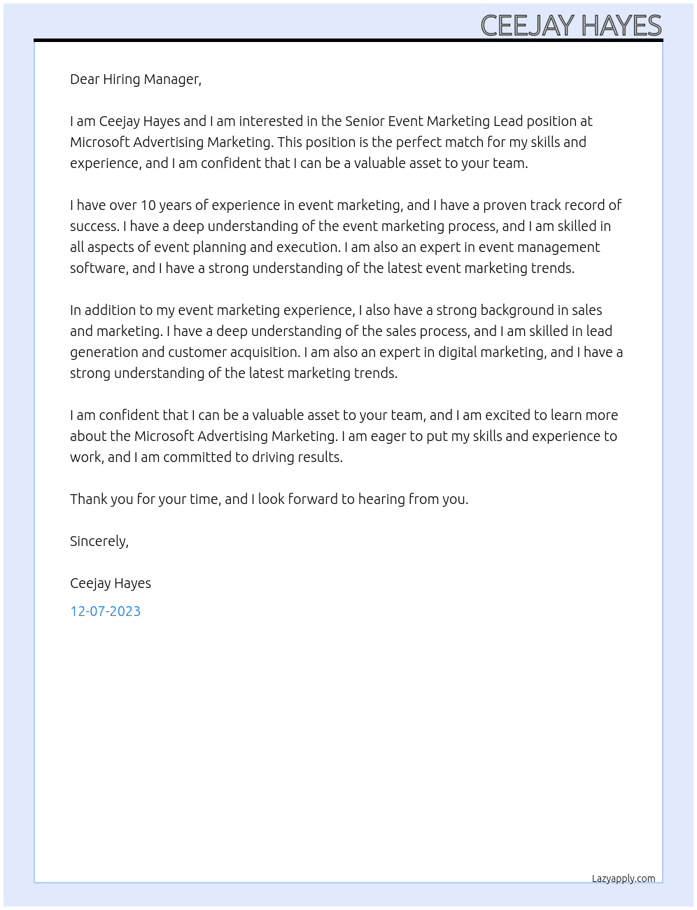 Senior Event Marketing Lead At Microsoft Advertising Marketing Cover Letter