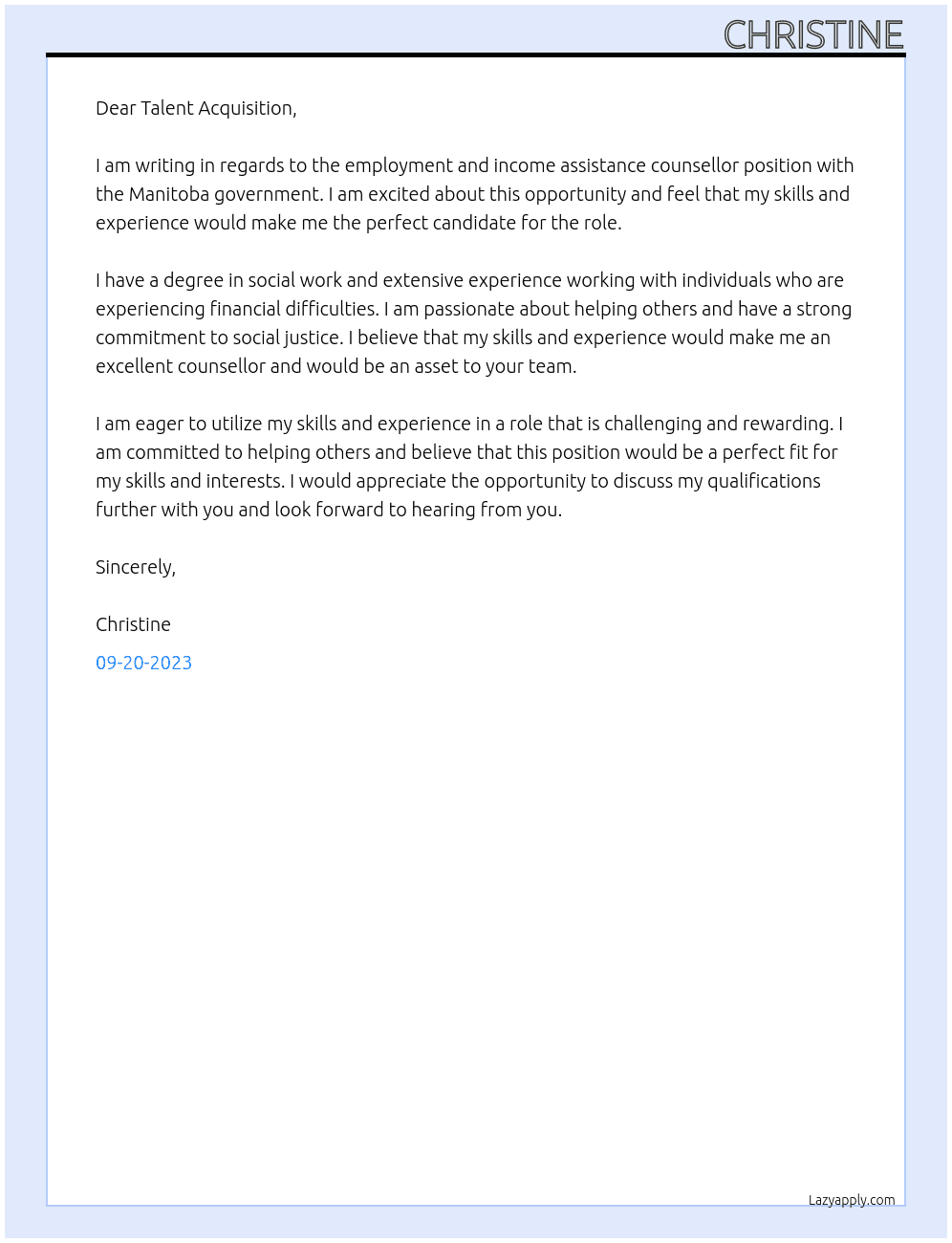 Employment and income assistance councellor  At Manitoba government Cover Letter