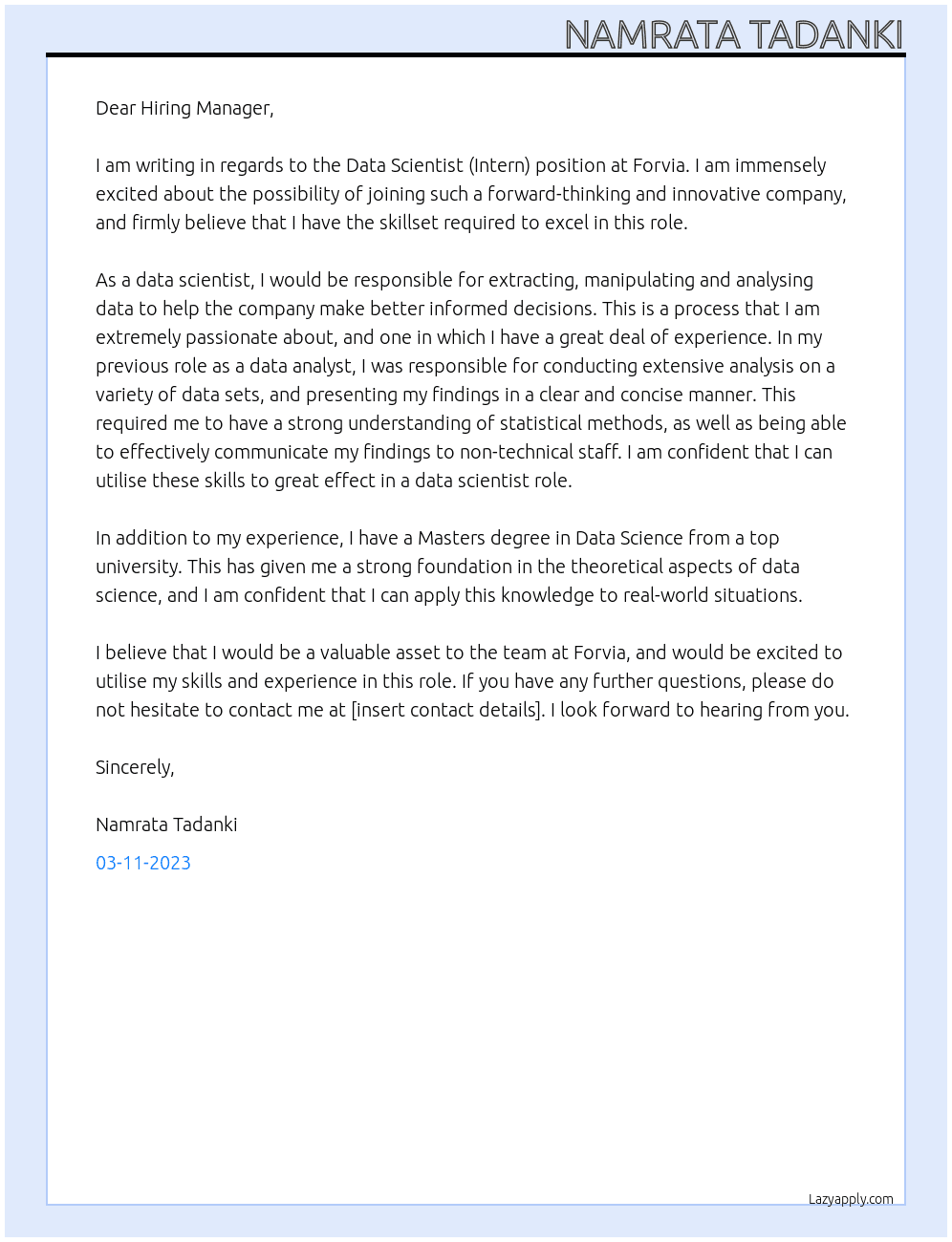 Data Scientist (Intern) At Forvia Cover Letter