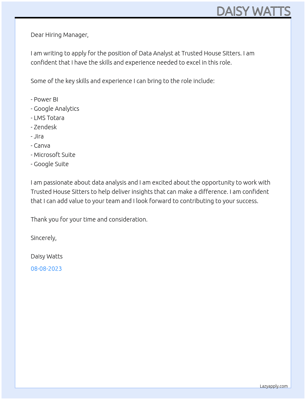 Data Analyst  At Trusted House Sitters Cover Letter