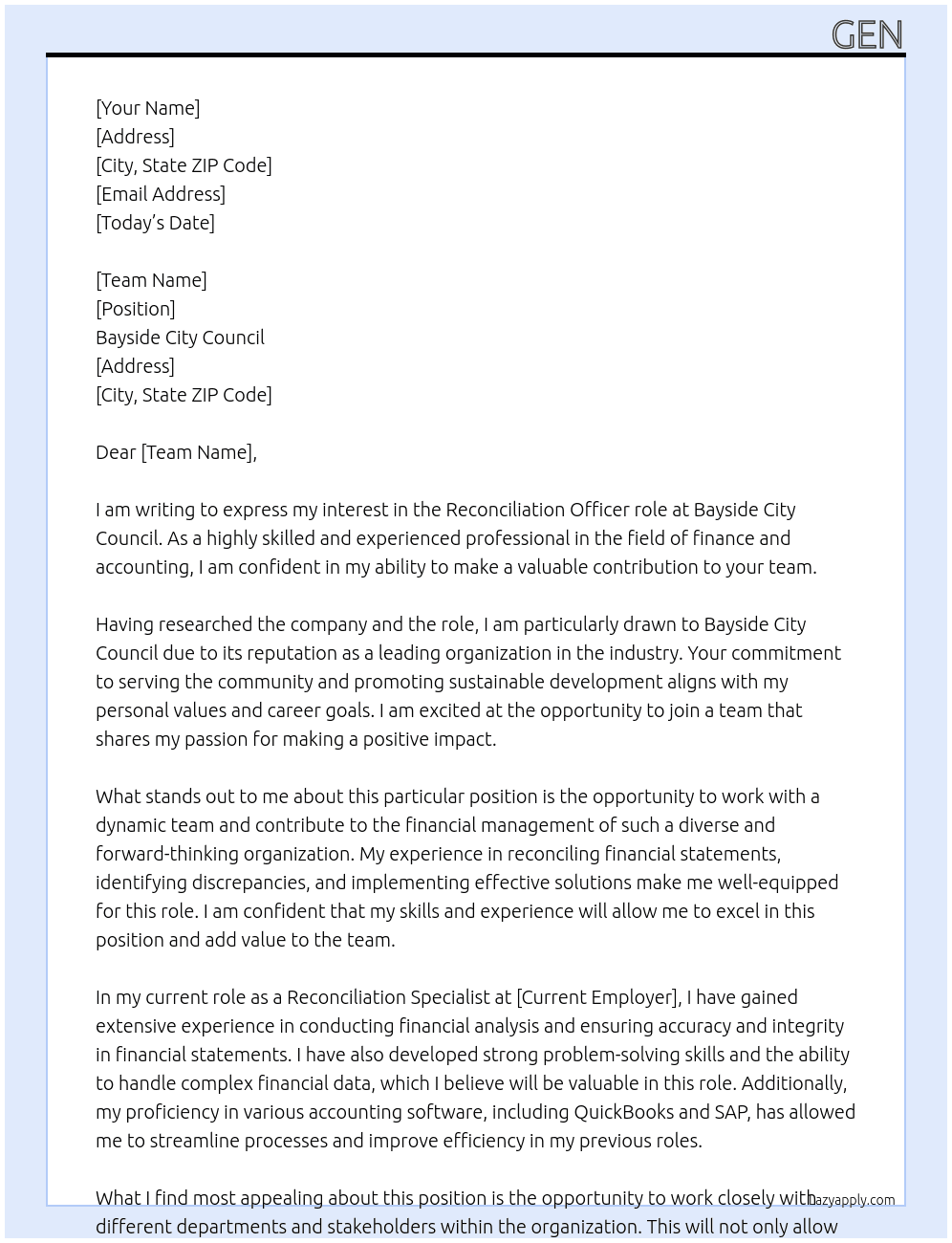 Reconciliation officer At bayside city council Cover Letter