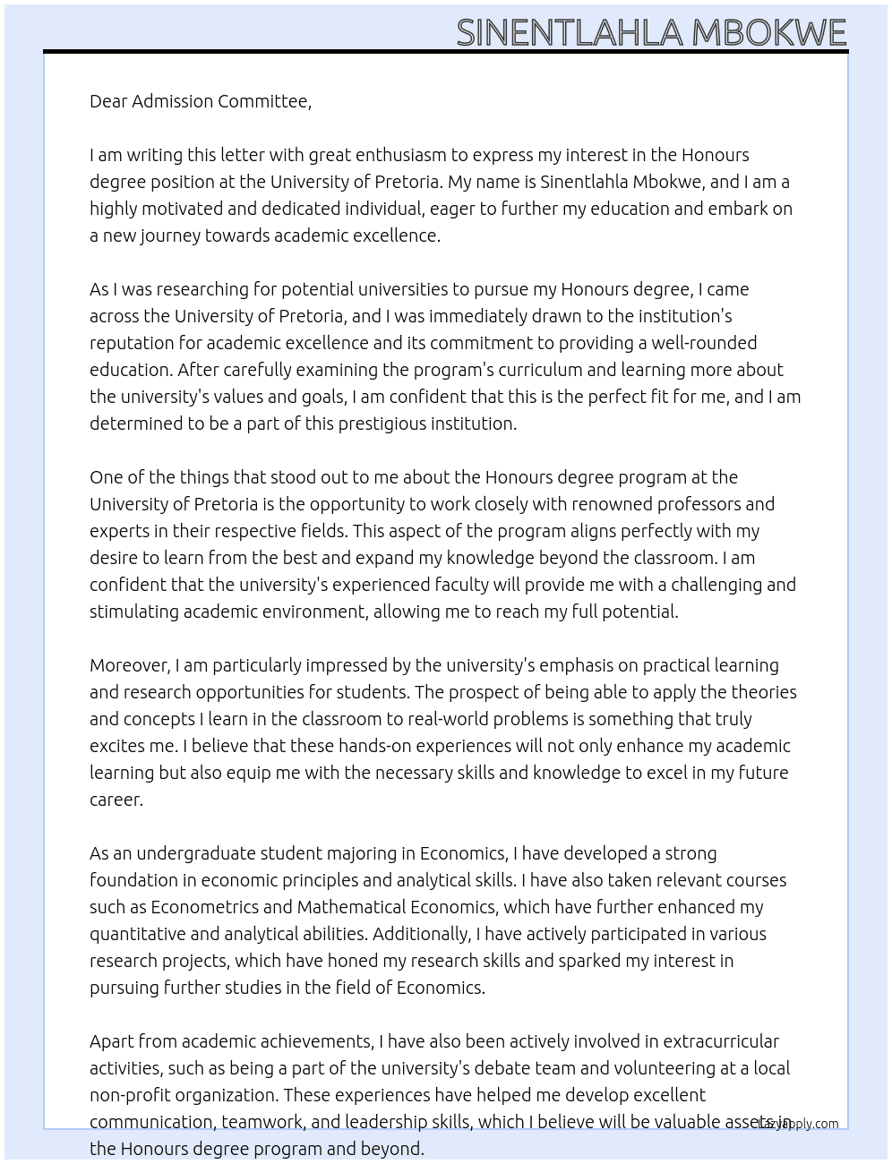 Honours degree Application  At University of Pretoria  Cover Letter