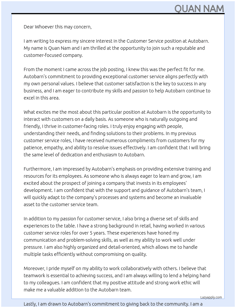 Customer Service At Autobarn Cover Letter