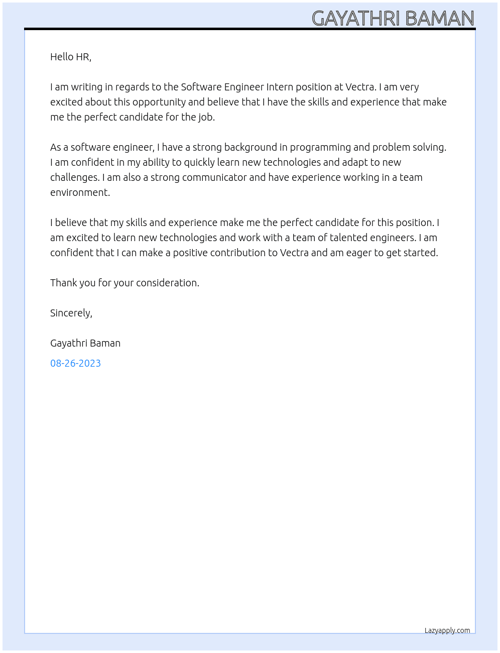 Software Engineer Intern At VECTRA Cover Letter