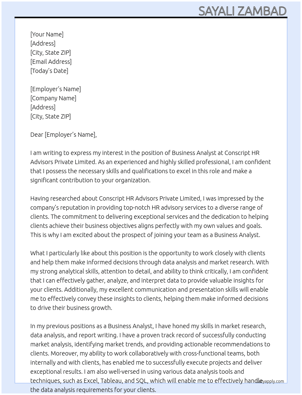 Business Analyst At Conscript HR Advisors Private Limited Cover Letter