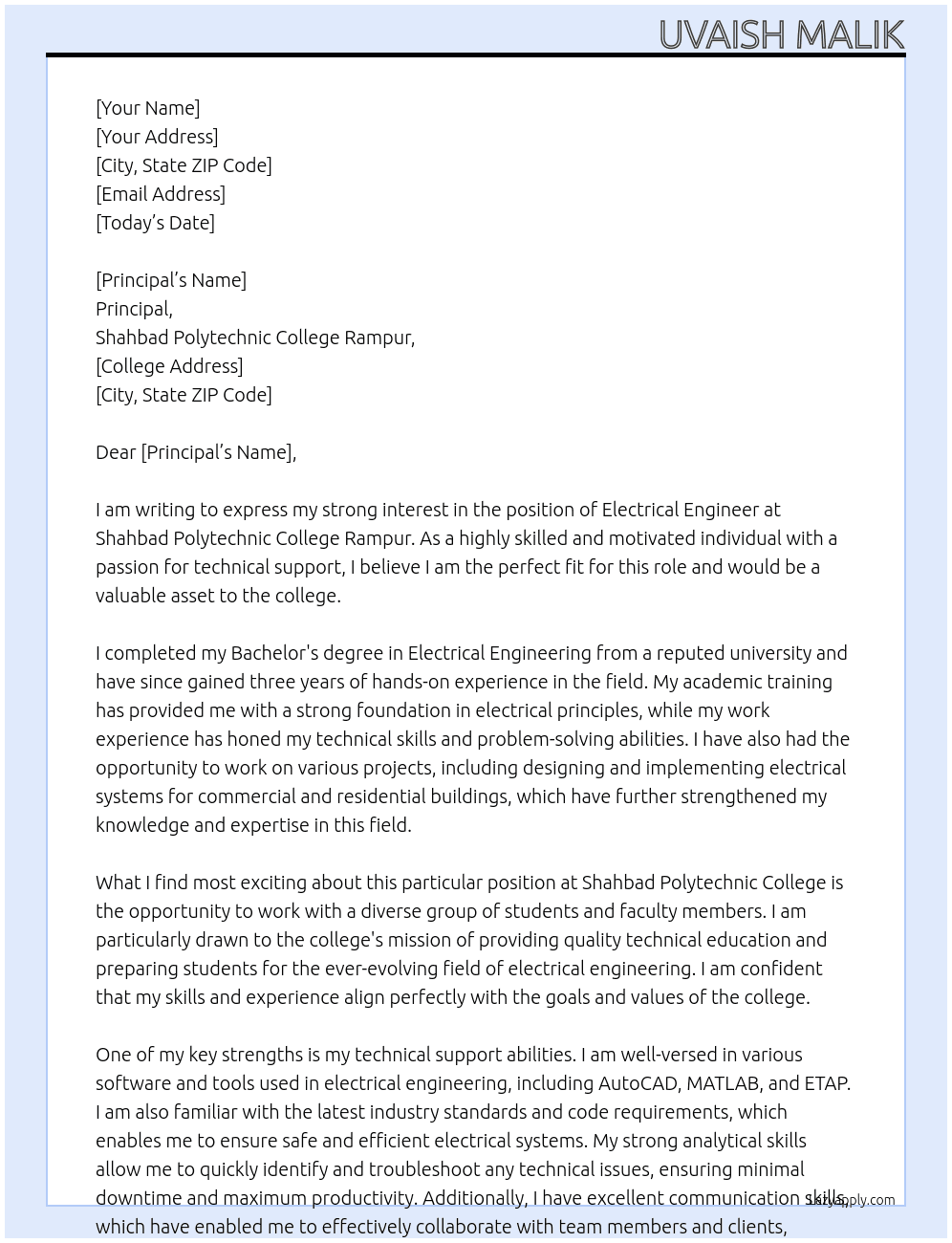 Electrical engineer  At Shahbad polytechnic college rampur  Cover Letter