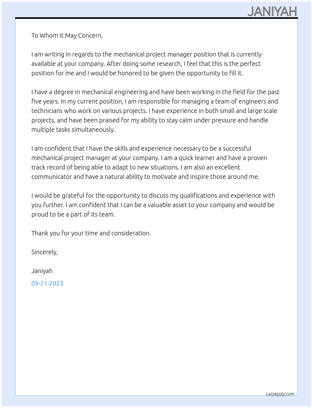 Mechanical Project Manager At Company Cover Letter