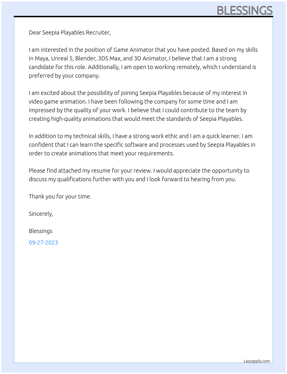 Game Animator  At Seepia Playables Cover Letter