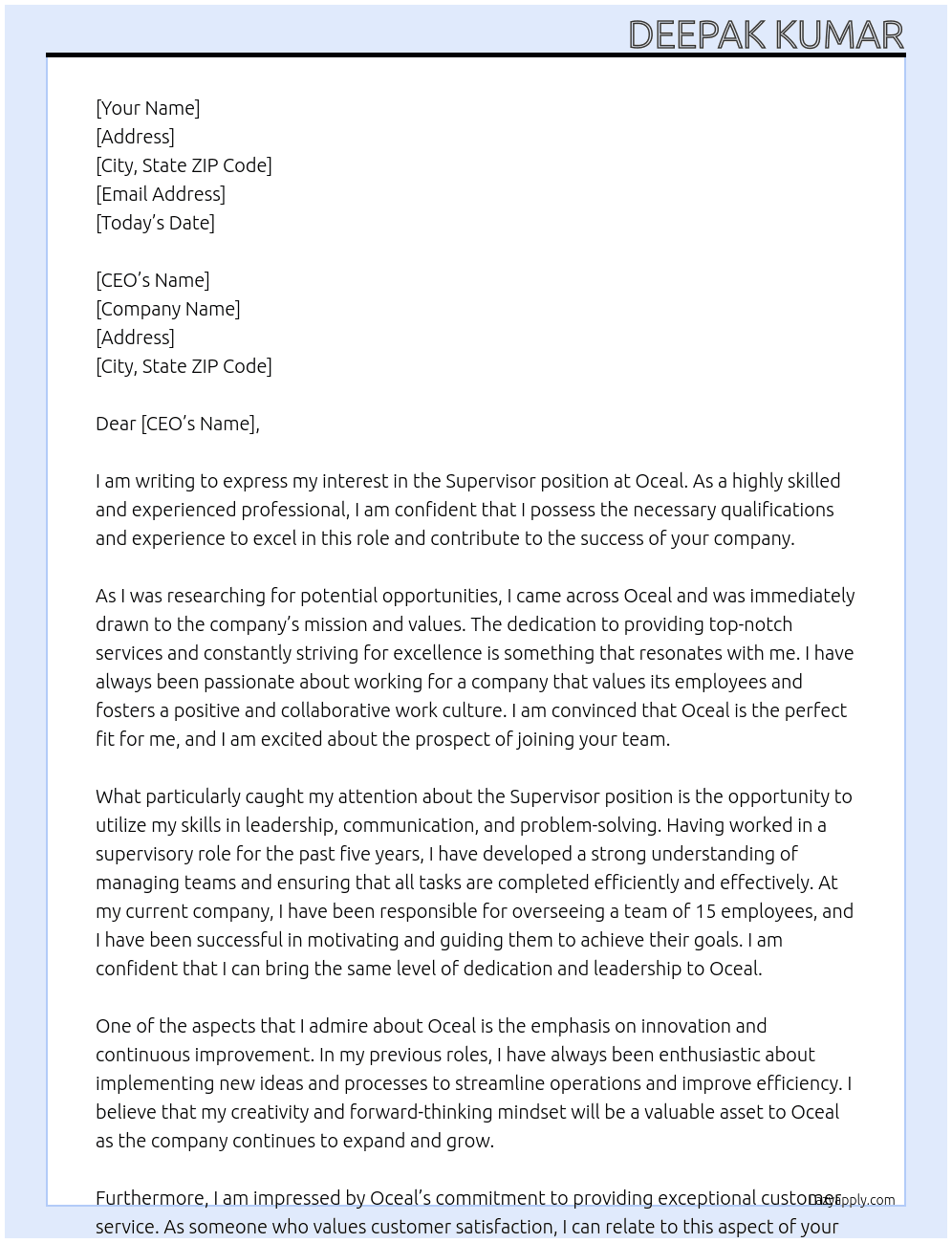  Supervisor  At Oceal  Cover Letter