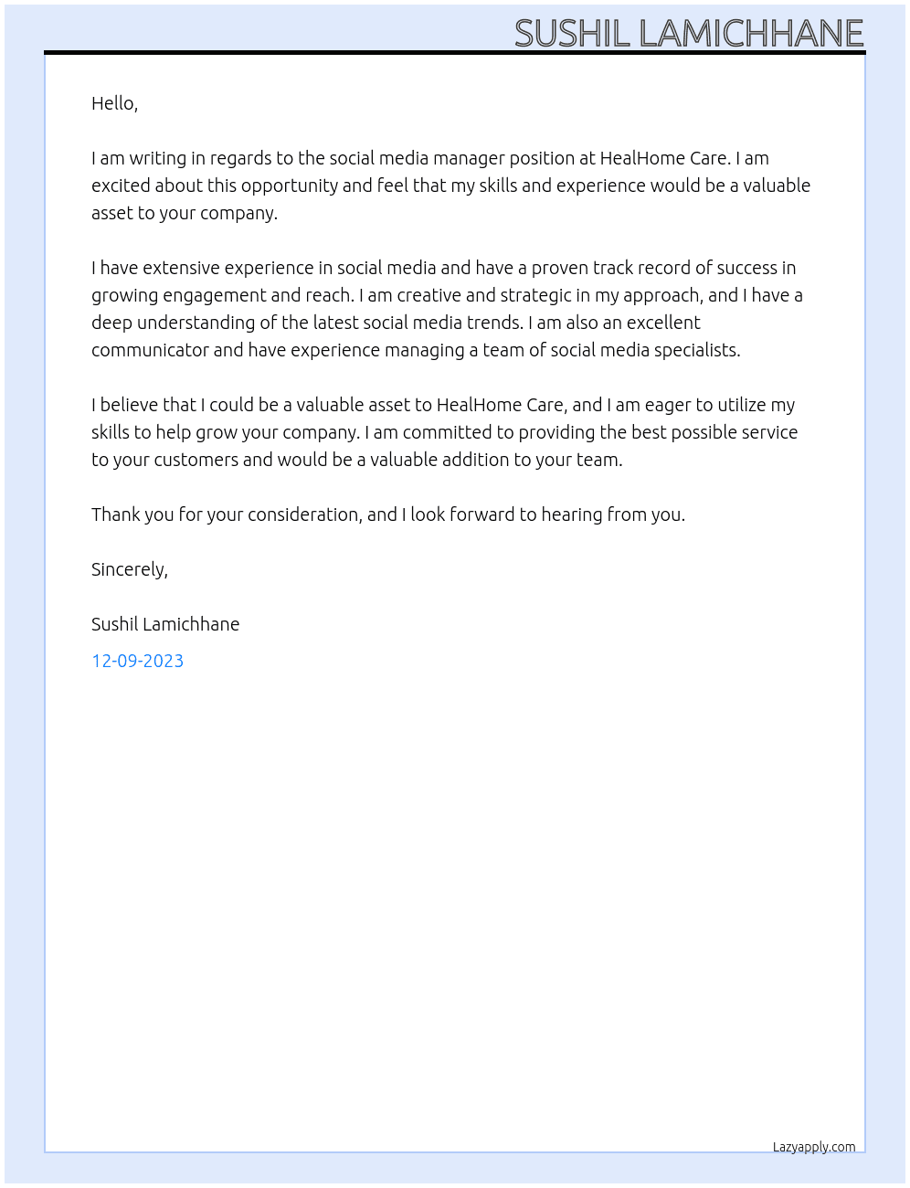 Social Media Manager At HealHome Care Cover Letter