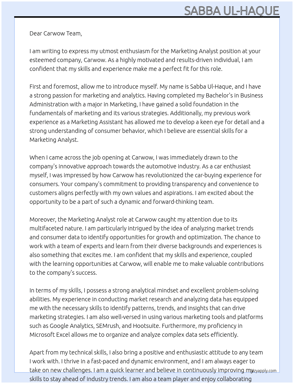 Marketing Analyst At Carwow Cover Letter