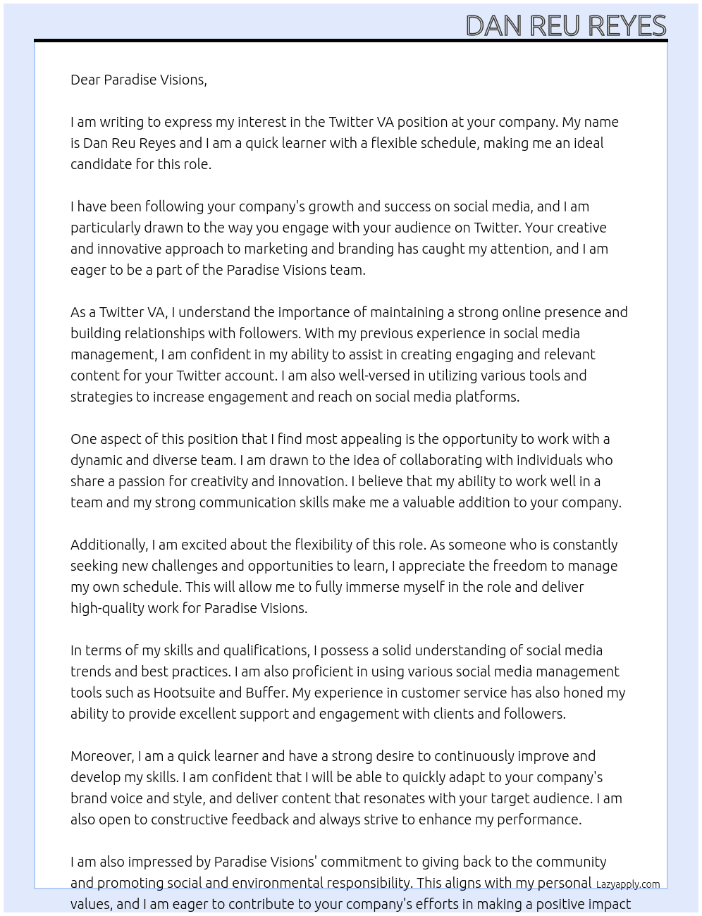 Twitter VA At Paradise Visions Cover Letter