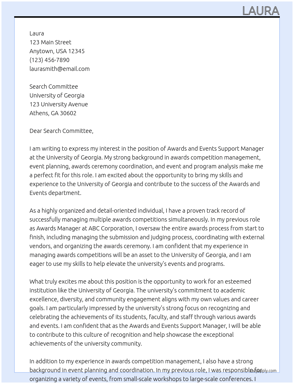 Awards and Events Support Manager At University of Georgia Cover Letter