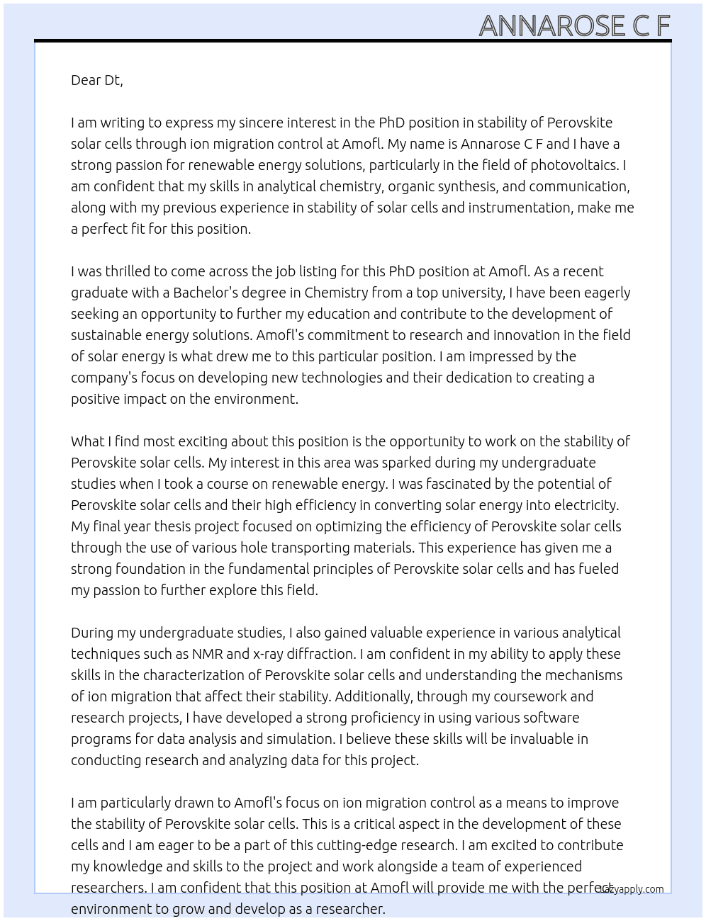 PhD position in stability of Perovskite solar cells through  ion migration control  At Amofl Cover Letter
