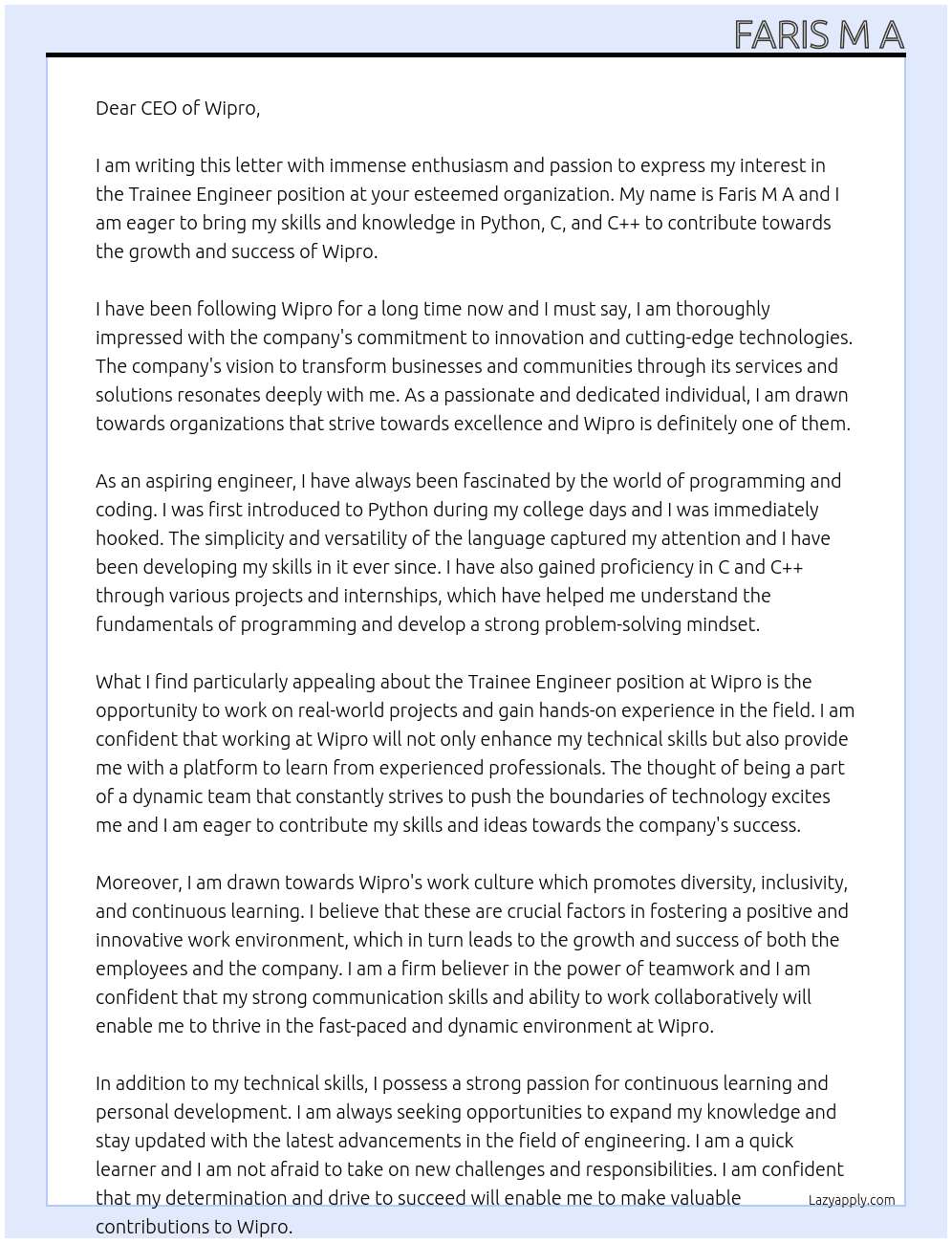 Trainee engineer  At Wipro Cover Letter
