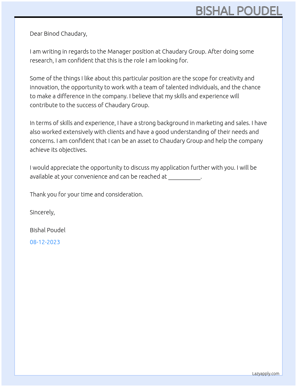Manager At Chaudary Group Cover Letter