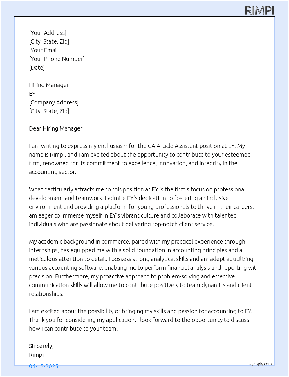 ca article assistant At ey Cover Letter