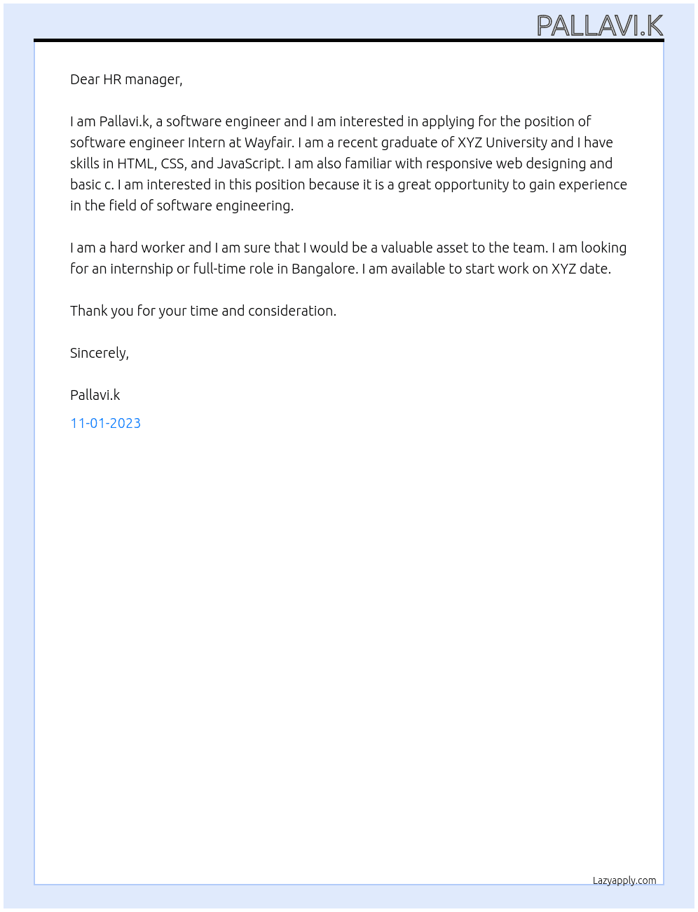 software engineer Intern At wayfair Cover Letter
