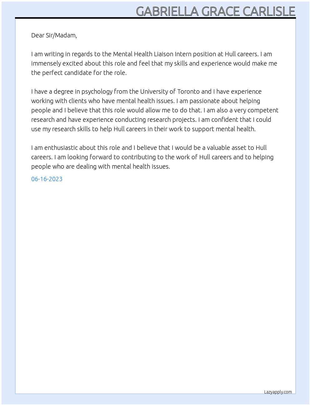 Mental Health Liaison Intern At Hull careers  Cover Letter