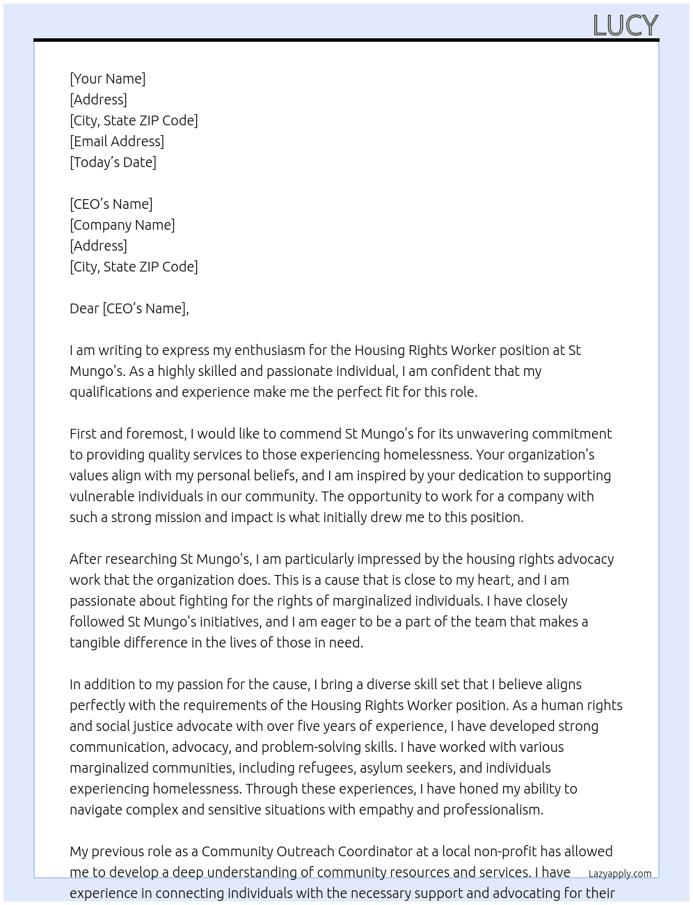 Housing Rights Worker At St Mungo's Cover Letter