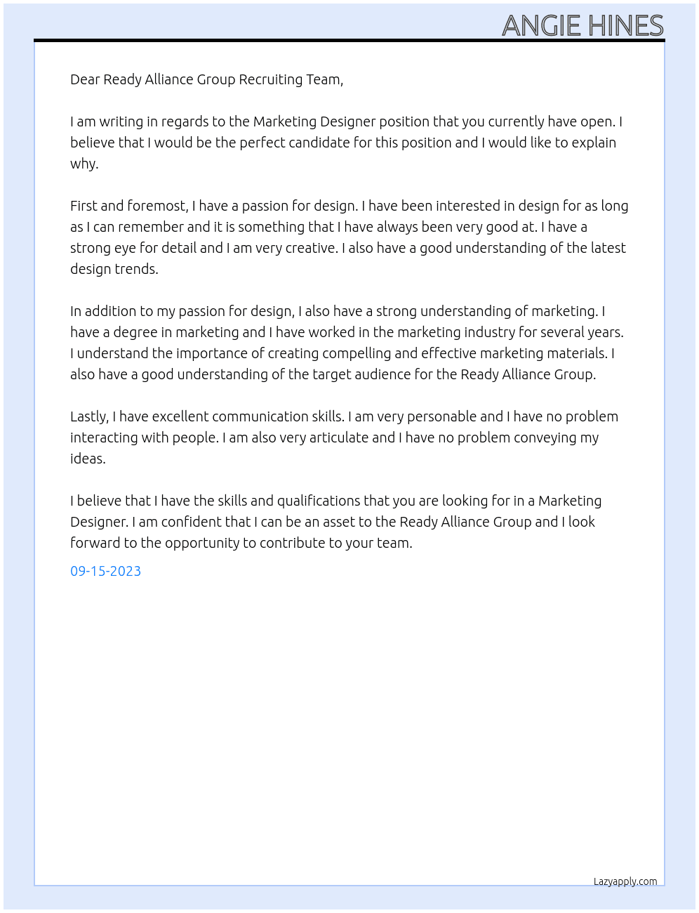 Marketing Designer At Ready Alliance Group Cover Letter