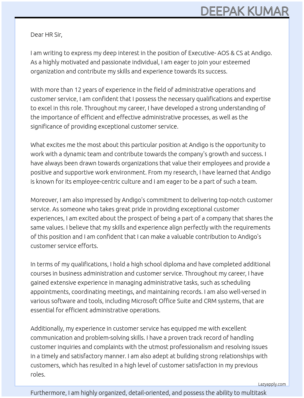 Executiv- AOS & CS At Andigo Cover Letter